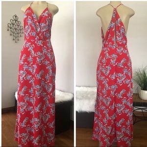 Beautiful long red dress with blue flowers